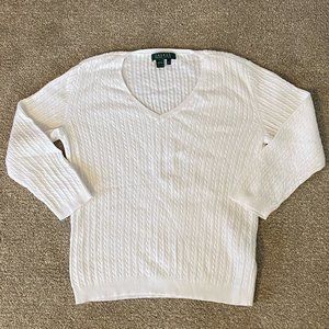 Lauren Ralph Lauren White 100% Cotton Cable Knit V-Neck Sweater - Size XS
